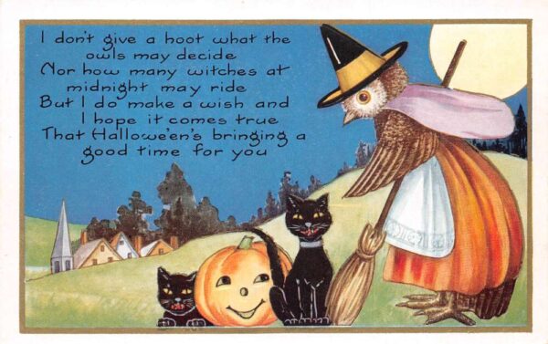 Halloween Greetings Dressed Owl Witch with Black Cats Whitney Postcard AA98336