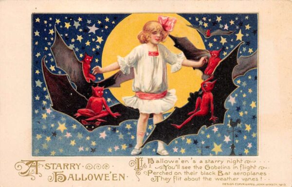 Halloween Greetings Girl with Bats and Devils Night Sky Winsch Postcard AA98339