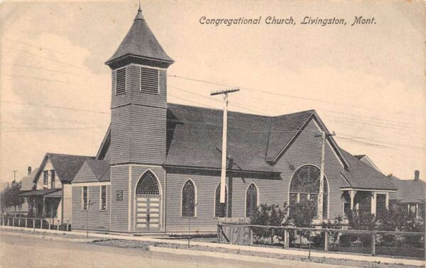 Livingston Montana Congregational Church, B/W Lithograph, Vintage PC U22376