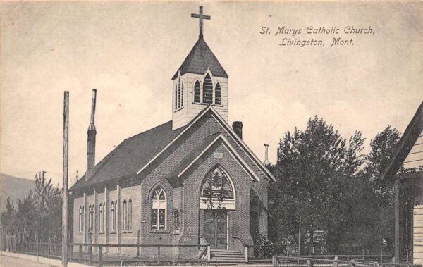 Livingston Montana St. Mary's Catholic Church, B/W Lithograph, Vintage PC U22377