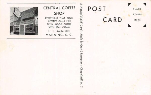 Manning South Carolina Central Coffee Shop, B/W Chrome, Vintage Postcard U22380 - Image 2