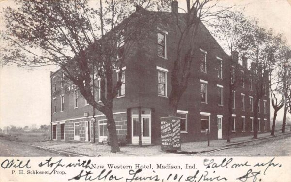 Madison Indiana New Western Hotel, B/W Lithograph, Vintage Postcard U22390