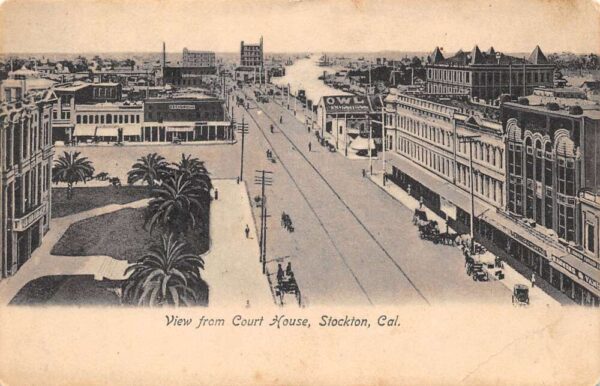 Stockton California View From Court House, B/W Lithograph, Vintage PC U22410