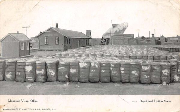 Mountain View Oklahoma Depot & Cotton Scene, B/W Lithograph, PC U22436