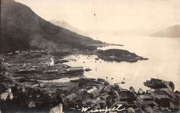 Wrangell Alaska Birds Eye View towards Harbor Real Photo Postcard AA98511