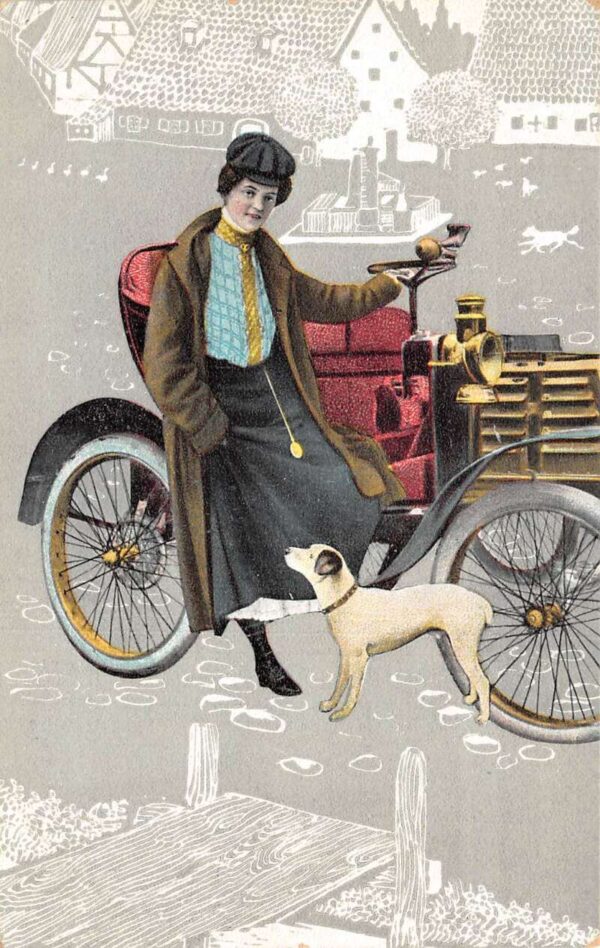 Lady with Car and Dog Vintage Postcard AA98547