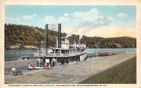 Charleston West Virginia Kanawha River Steamer Ship in Lock Postcard AA92044