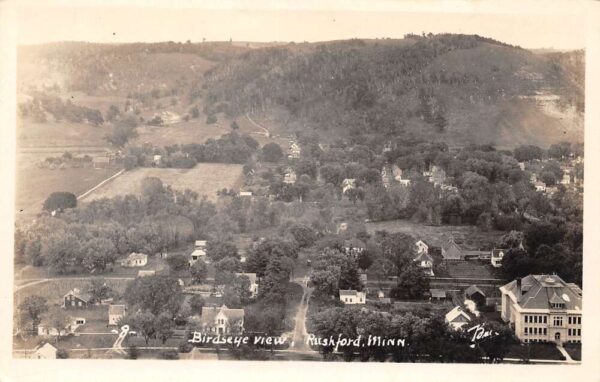 Rushford Minnesota Bird's Eye Town View, Real Photo, Vintage Postcard U21381