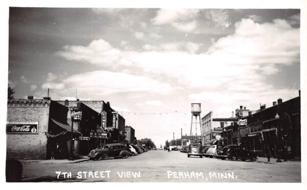 Perham Minnesota 7th St. View, Coca Cola Sign, Vintage RPPC U21390