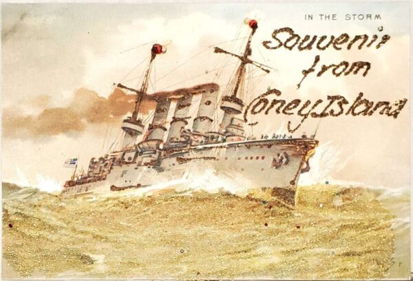 Coney Island New York Ship In The Storm, Glitter Added, Vintage Postcard U21473