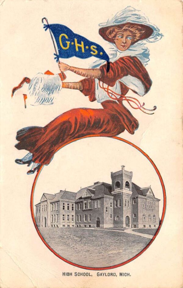 Gaylord Michigan High School, Woman With Pennant, Vintage Postcard U21904