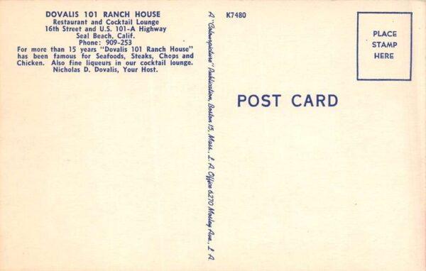 Seal Beach California Douvalis 101 Ranch House Restaurant, Vintage PC U21914 - Image 2