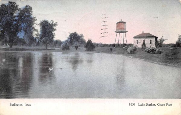 Burlington Iowa Lake Starker Crapo Park Water Tower Vintage Postcard AA98686