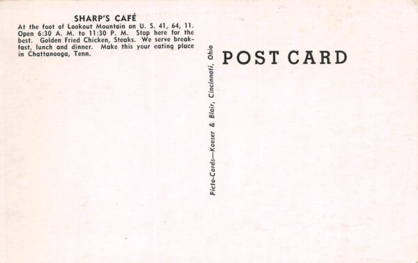 Chattanooga Tennessee Sharp's Cafe, B/W Chrome, Vintage Postcard U22658 - Image 2