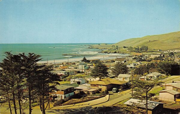 Cayucos California Aerial Town View, Chrome, Vintage Postcard U22680