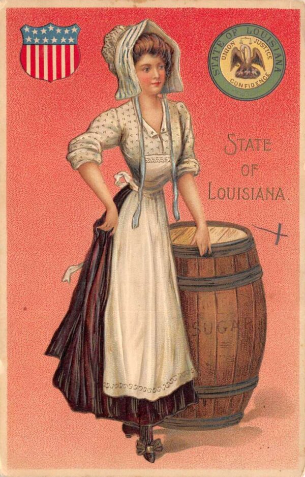 Louisiana State Girl Sugar Barrel Langsdorf Embossed Postcard AA98814