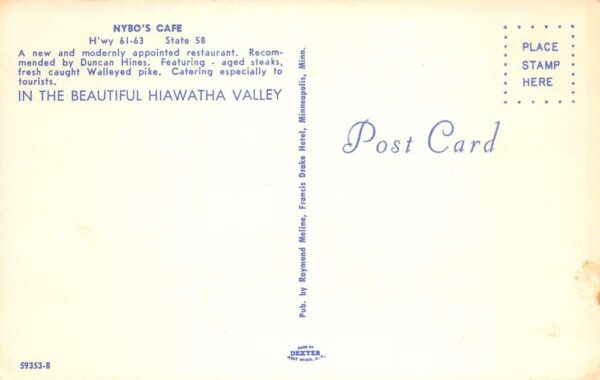 Red Wing Minnesota Nybo's Cafe Hiawatha Valley Bowling Alley Postcard AA98915 - Image 2