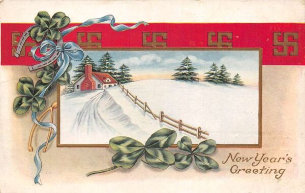 New Year Greetings Winter Snow Scene Clovers Swastika Winsch Postcard AA99155